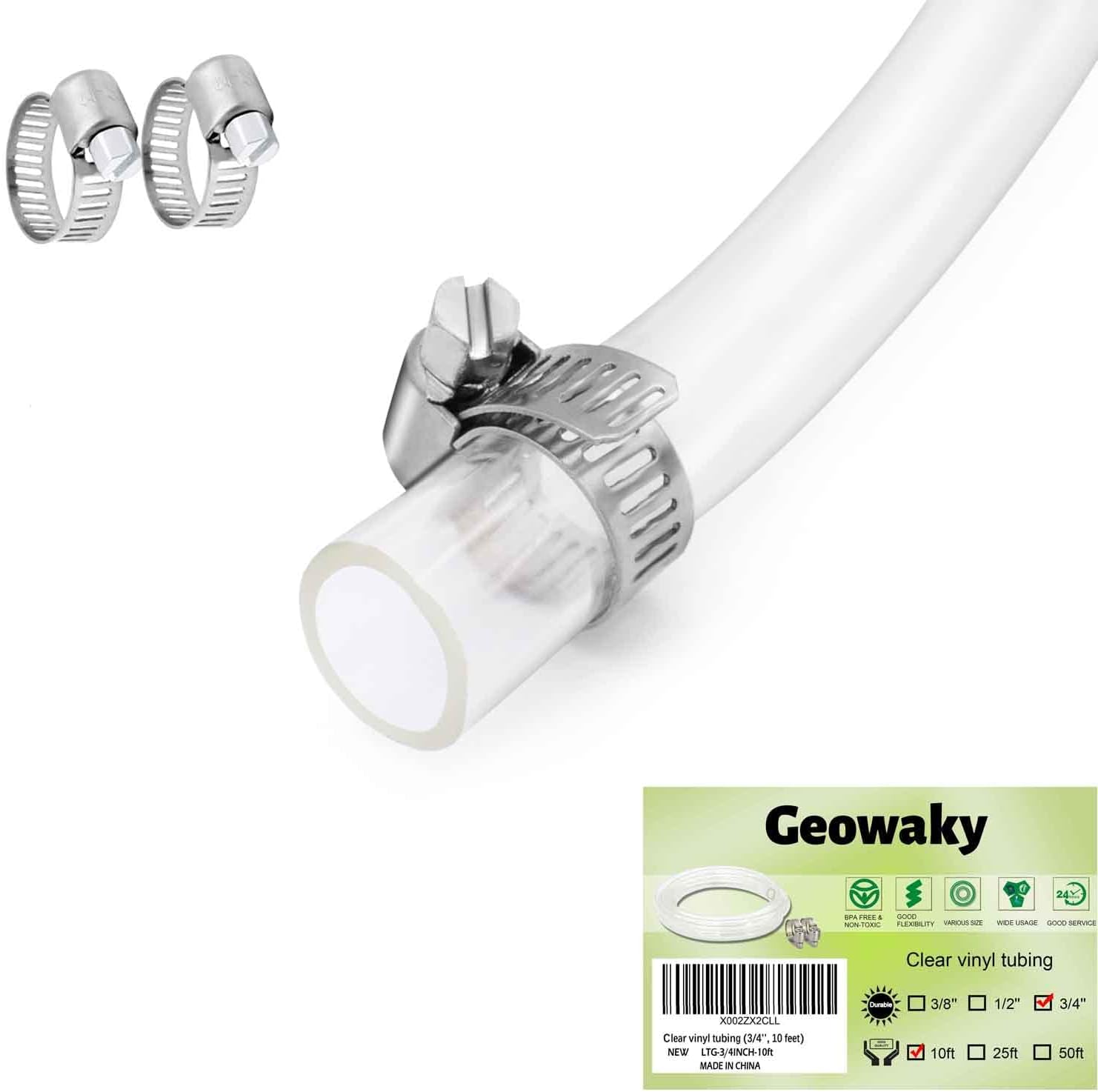 Geowaky PVC tubing in clear and silver colors with steel clamps