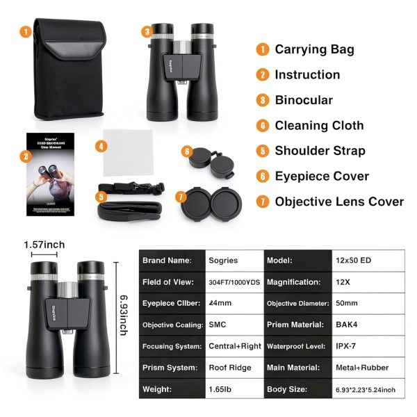 Sogries Binoculars 12x50 Roof Prism Waterproof-8